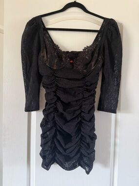 For Love and Lemons Black Ruched Lace Mini Dress